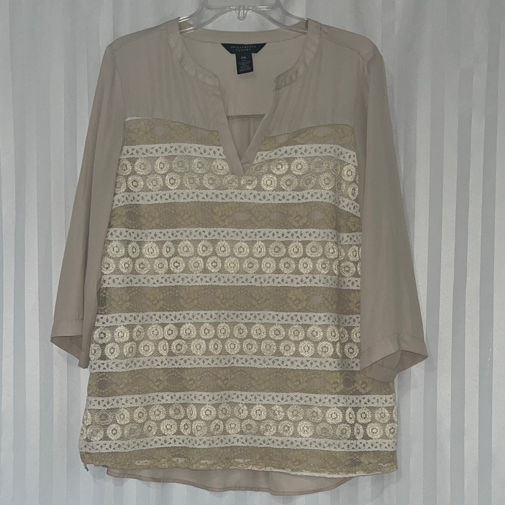 Investments Petite Beige Lace Blouse with Floral Stripe Pattern, Lined.